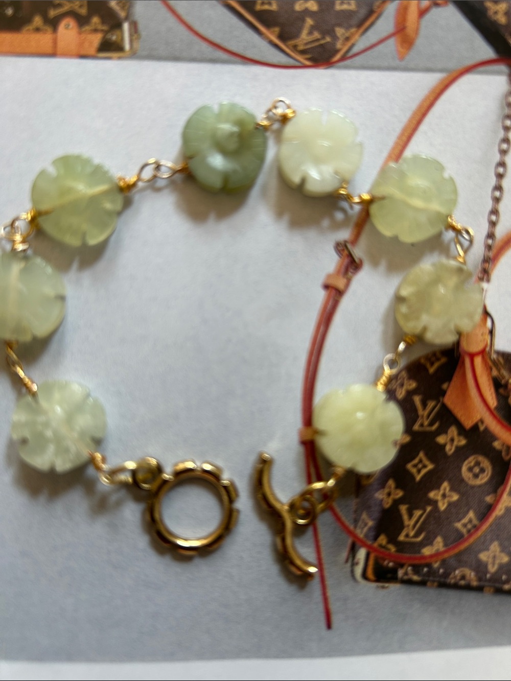 Gold-plated  Bracelet with Pale Green Carved Flower jade Stones